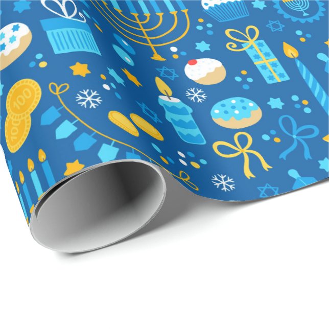 Chanukah Celebrating Gelt Jewish Stars Snowflakes Geschenkpapier (Rolleneckpunkt)