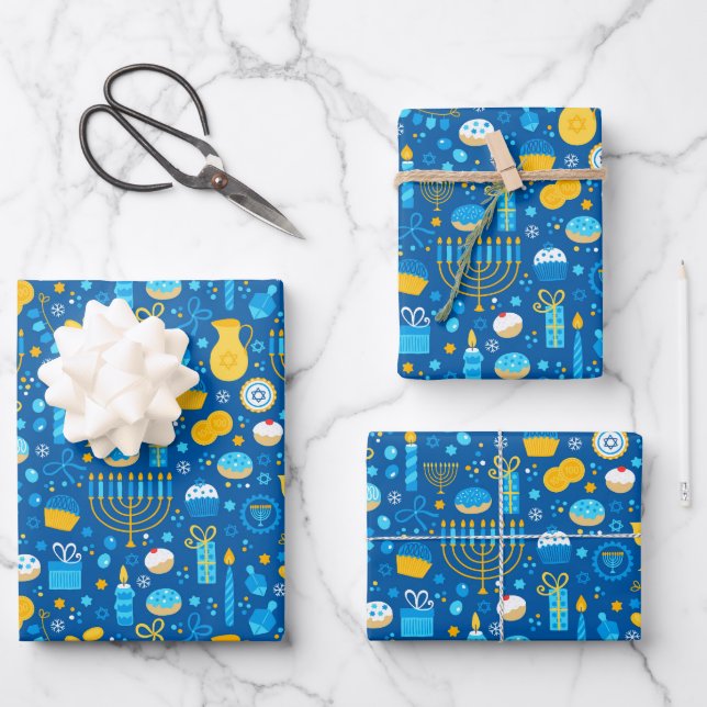 Chanukah Celebrating Gelt Jewish Stars Snowflakes Geschenkpapier Set (Vorderseite)