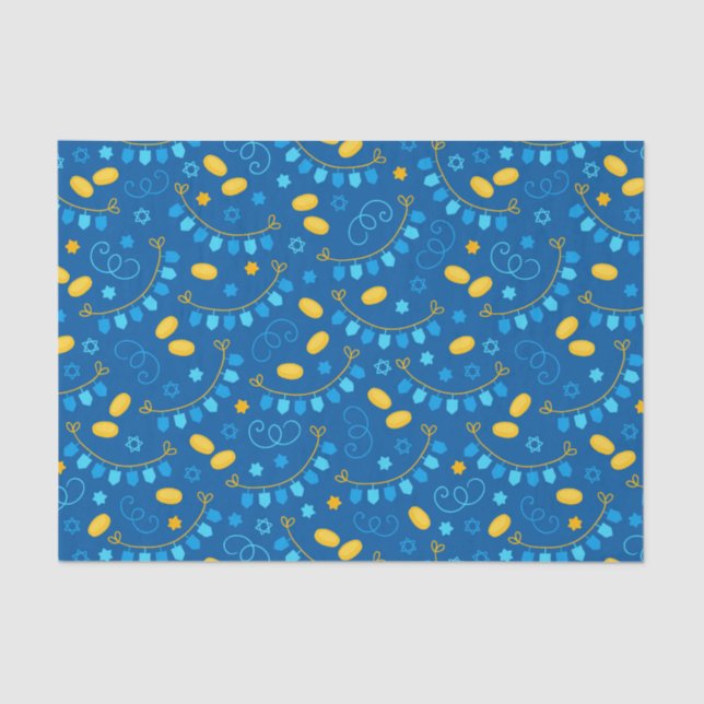 Chanukah Dreidel Banners Gelt Gift Blue Seidenpapier (Vorderseite)