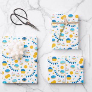 Chanukah Dreidels Doughnut Gold Blue White Geschenkpapier Set
