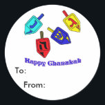 Chanukah Dreidels Runder Aufkleber<br><div class="desc">Ein glückliches Chanukah-Geschenk mit 4 dreiköpfigen hebräischen Briefen,  die ein großes Wunder darstellen.</div>