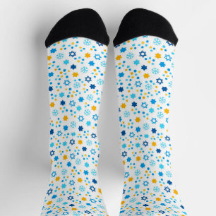 Chanukah Jewish Stars Snowflakes White Blue Gold Socken