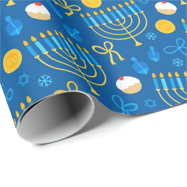 Chanukah Menorah Gelt Dreidel Blue Geschenkpapier (Rolleneckpunkt)