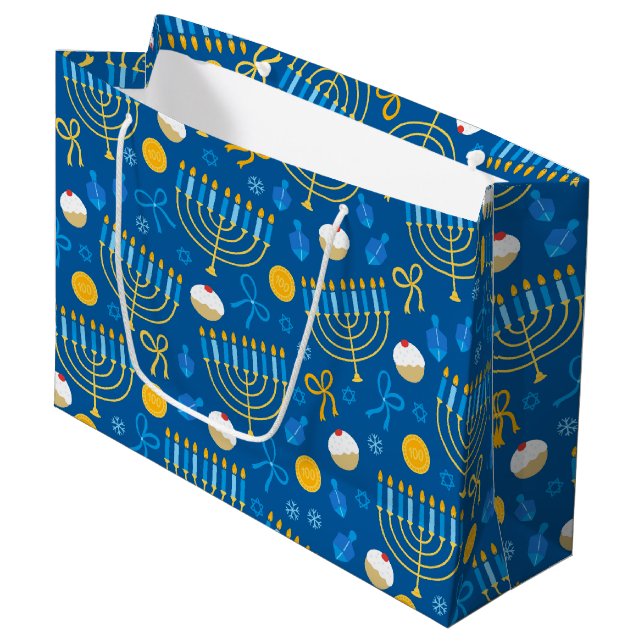 Chanukah Menorah Gelt Dreidel Blue Große Geschenktüte (Vorderseite Schrägansicht)