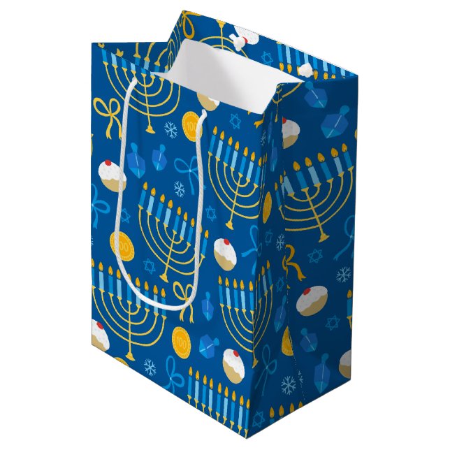 Chanukah Menorah Gelt Dreidel Blue Mittlere Geschenktüte (Vorderseite Schrägansicht)