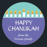 Chanukah Menorah Sticker<br><div class="desc">Entzünde die Menorah und teile deine Freude auf Chanukah. Eine Urlaubsbotschaft gekrönt von einer voll beleuchteten Chanukah menorah Drucke gegen Panels von lila und aquamarin mit einem subtilen Kreismuster. Erhältlich in alternativen Farben mit passenden Porto,  Fotokarten,  Karten und Etiketten.</div>