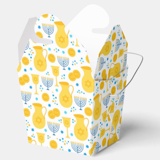 Chanukah Menorahs Gelt Pitcher Oil White Gold Blue Geschenkschachtel (Geöffnet)