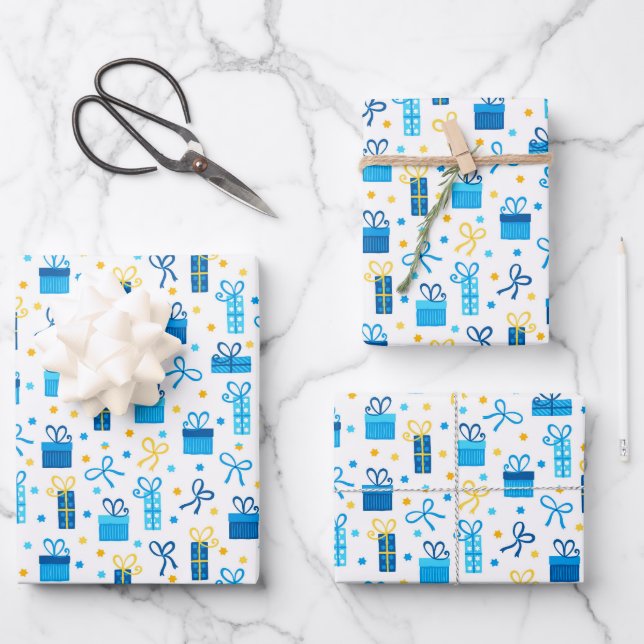 Chanukah präsentiert Geschenke w/Bows Blue White G Geschenkpapier Set (Vorderseite)
