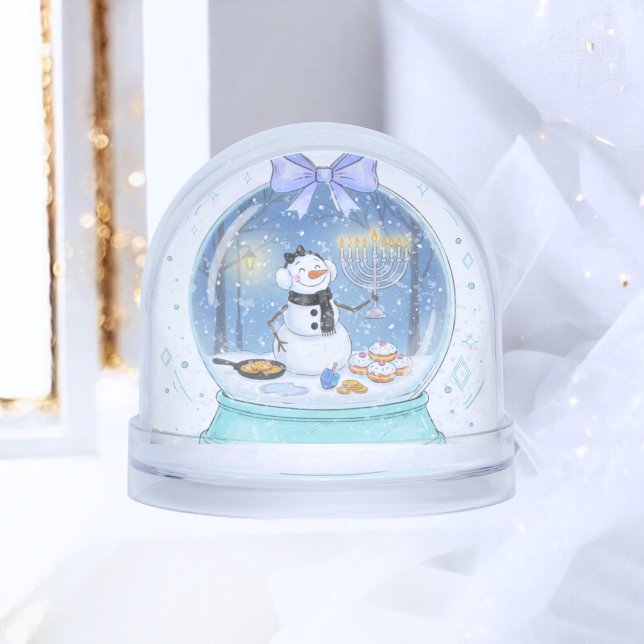 Chanukah Snow Globe Schneekugeln (Snow Globe in situ with elegant, festive winter holiday background)