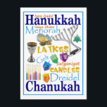 Chanukah Words Collage Einladung<br><div class="desc">Hanukah (Hanukkah,  Chanukah) Karte zeigt Wörter und Symbole des Urlaubs Dreidel,  menorah,  gelt,  etc.</div>