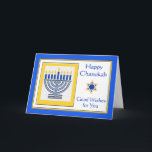 Chanukah wünscht sich eine zeitgenössische Menorah Karte<br><div class="desc">Happy Chanukah Gute Wünsche für Sie,  zeitgenössische Menorah mit blauen Kerzen,  Papier Grußkarte. Digitale Illustration mit einer beleuchteten Menorah und einem Stern von David. Art,  Bild und Vers Copyright © Shoaff Ballanger Studios,  2024.</div>