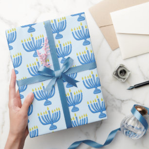 Chanukka-Botanische Menora-Wasserfarbe Blau Geschenkpapier