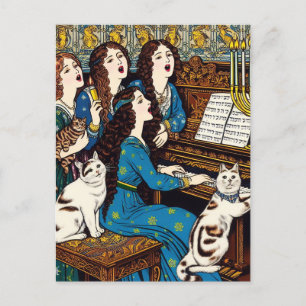Chanukka-Frauen und Katzen singen um das Klavier Postkarte
