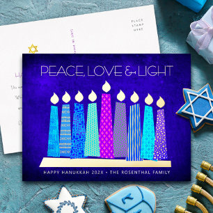 Chanukka-Kerzen Frieden Liebe Licht Blau Echtgold Folien Feiertagspostkarte
