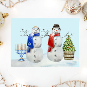 Chanukka und Weihnachts Schneemann Aquarell Feiertagskarte