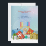 Chanukka- und Weihnachtsfeiertags-Karte Feiertagskarte<br><div class="desc">Feiern von Chanukka und von Weihnachten an Ihrem Haus? Ist hier eine Feiertagskarte, die gerade für Sie gemacht wird. Sie kennzeichnet Geschenke und ein menorah mit einer schneebedeckten Basis und einem Blendungshintergrund. Menorah durch Vecteezy. Die Karte ist einfach, mit Ihrer Benennung, Schriftart-, Schriftartfarbe-, Papierformwahlen und Wahl von sechs Papiersorten besonders...</div>