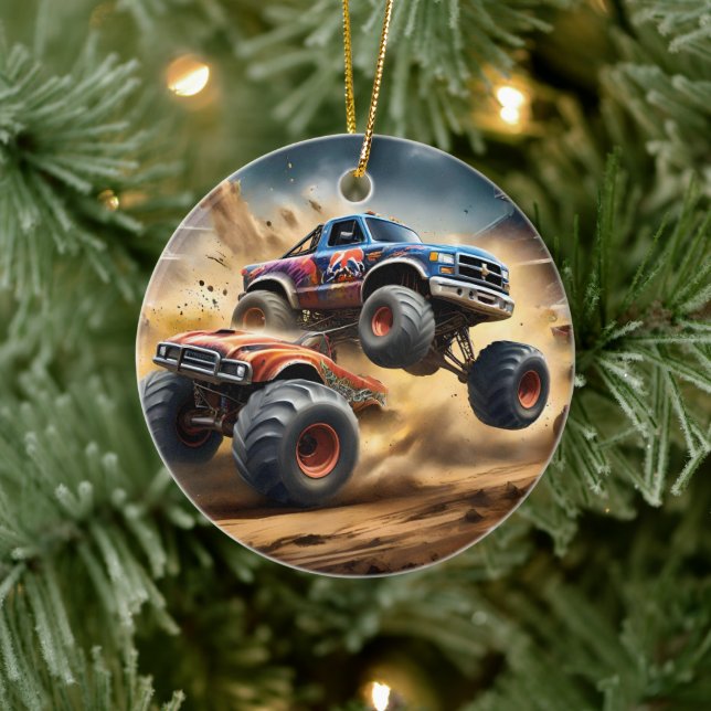 Chaos auf Rädern: Monster Truck Smash Derby Keramik Ornament (Baum)