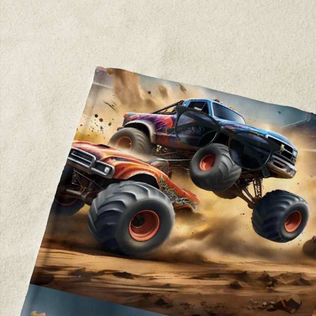 Chaos auf Rädern: Monster Truck Smash Derby Strandtuch (Beispiel)