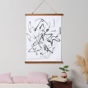 Chaos in Tinte – Expressive Linienabstraktion Wandteppich Mit Holzrahmen