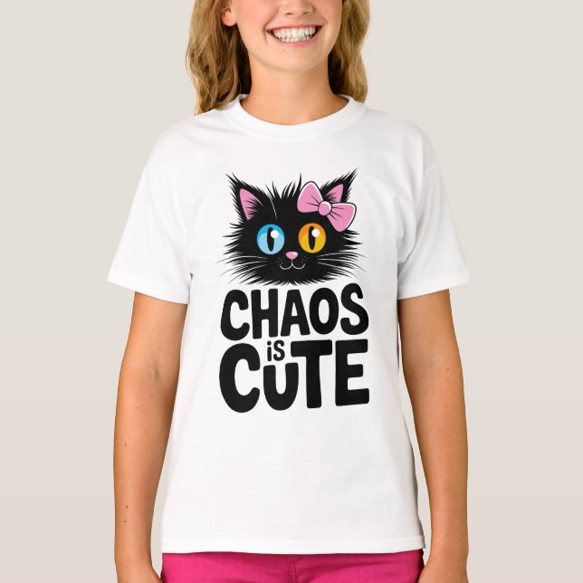 Chaos Is Cute – Adorable Black Cat with Bow Kawaii T-Shirt (Vorderseite)