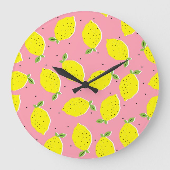Chaotic Lemons Pink Polka: Zitrusmuster Große Wanduhr (Vorderseite)