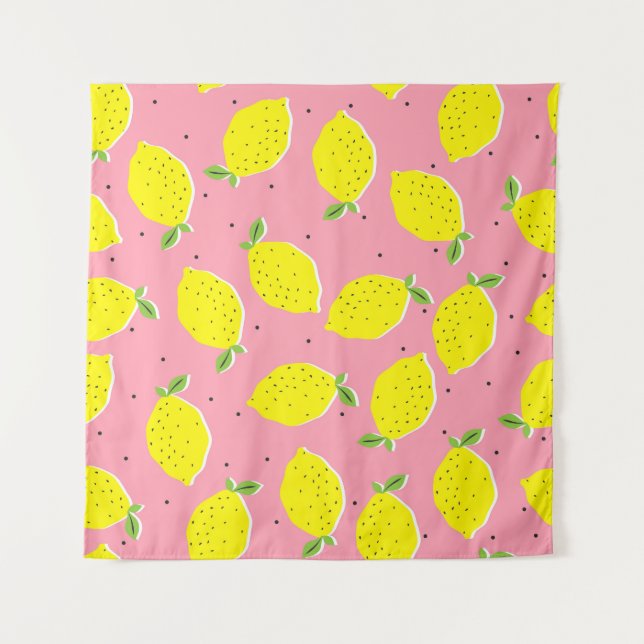Chaotic Lemons Pink Polka: Zitrusmuster Wandteppich (Vorderseite)