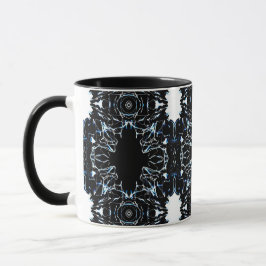 Chaotische abstrakte blaue Kunst auf schwarzem und Tasse