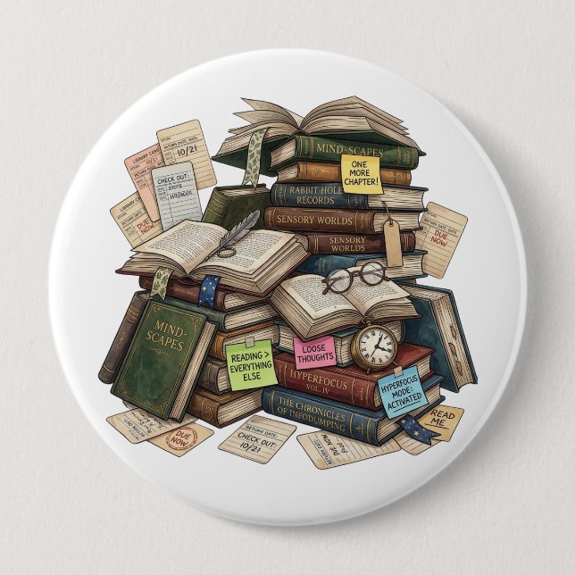Chaotische Akademie ADHD Hyperfokus Buchstapel Button (Vorderseite)