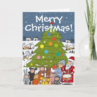 Chaotische Weihnachtsszene rund um den Baum Feiertagskarte