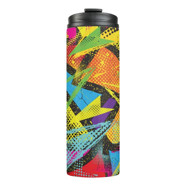 Chaotischer Neon: Abstraktes Graffiti-Muster. Thermosbecher (Vorderseite)