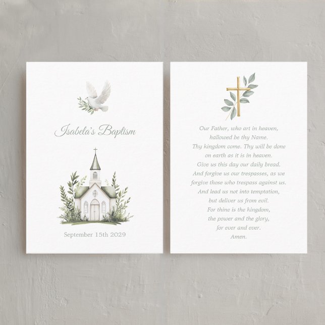 Chapel Paptism White Dove, Green Prayer Card Visitenkarte (Baptism Lord's prayer Card - white chapel)