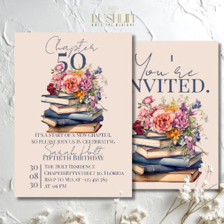 Chapter 50 Birthday Stacked Books with Flowers Einladung