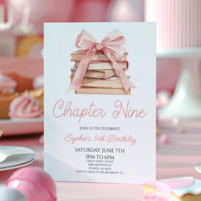 Chapter Nine Pink Bow Books 9th Birthday Party Einladung (Von Creator hochgeladen)