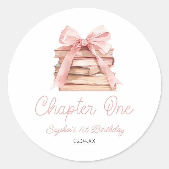 Chapter One Pink Bow Books 1st Birthday Party Runder Aufkleber (Vorderseite)