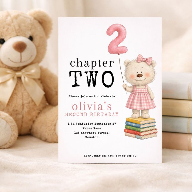 Chapter Two Teddy Bear Book Girl 2nd Birthday Pink Einladung (Von Creator hochgeladen)
