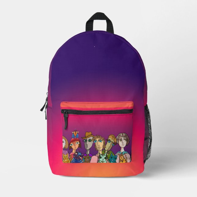 Charaktere und ihre Katzen, die sich über Bedruckter Rucksack (Vorderseite)