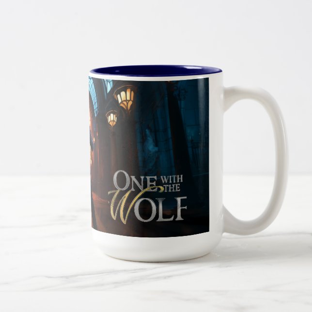 Charakterkunst-Tasse für Eins mit dem Wolf Zweifarbige Tasse (Rechts)