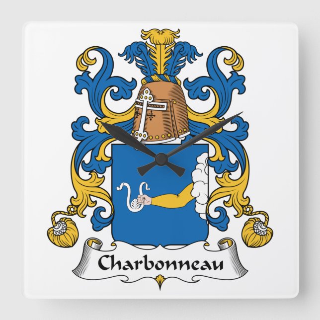 Charbonneau-Familienwappen Quadratische Wanduhr (Vorderseite)