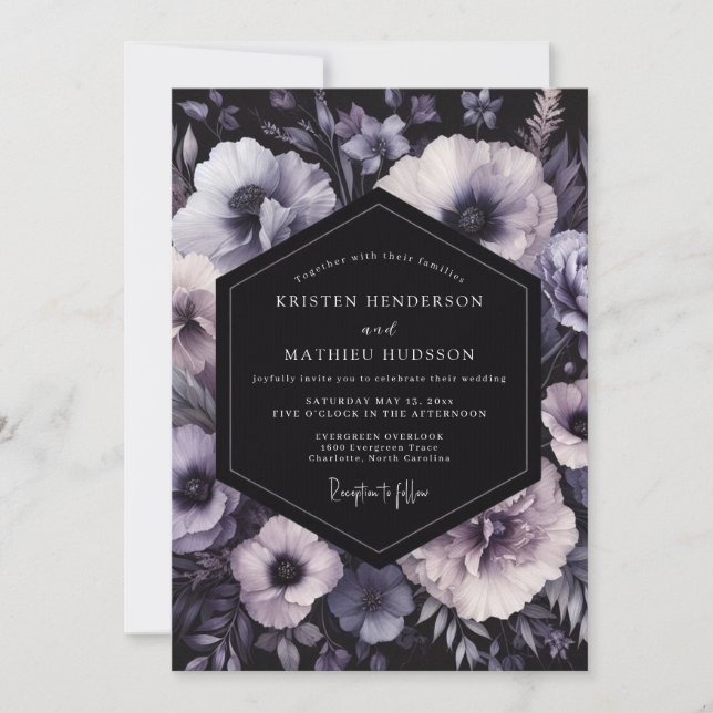 Charcoal Amethyst Bloom Wedding Einladung (Vorderseite)