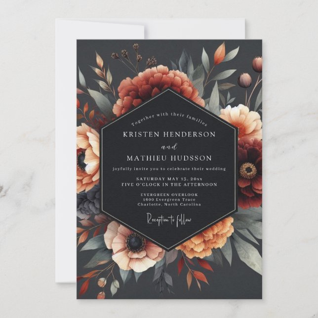 Charcoal Baroque Flora Wedding Einladung (Vorderseite)