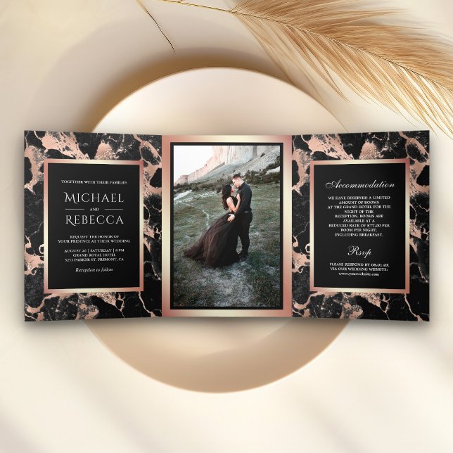 Charcoal Black Marble Rose Gold Foil Foto Hochzeit Dreifach Gefaltete Einladung (Von Creator hochgeladen)