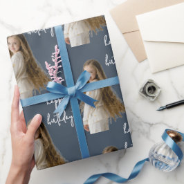 Charcoal Blue & Custom Geburtstagstext und Foto - Geschenkpapier