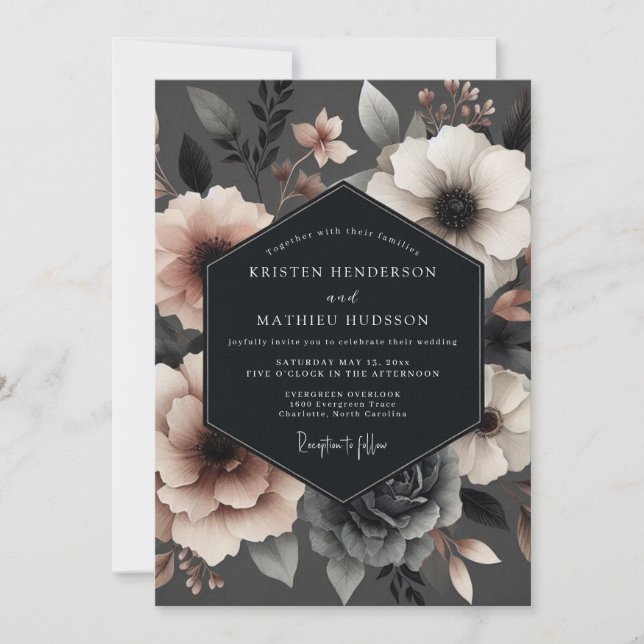 Charcoal Blush Vesper Bloom Wedding Einladung (Vorderseite)