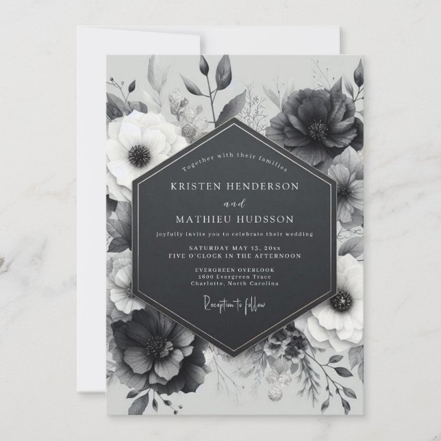 Charcoal Botanical Bloom Wedding Einladung (Vorderseite)