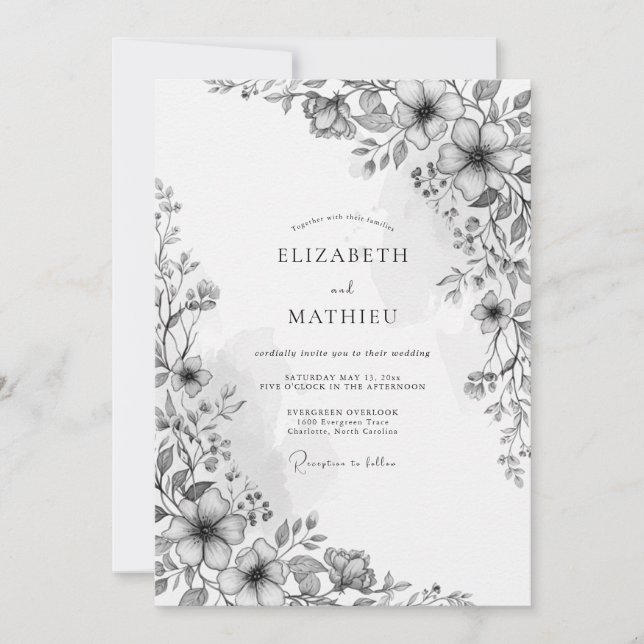 Charcoal Botanical Romance Wedding Einladung (Vorderseite)