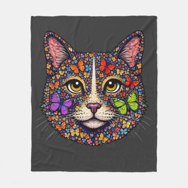 Charcoal Butterfly Blooms Cat Portrait Kitty Lover Fleecedecke (Vorderseite)