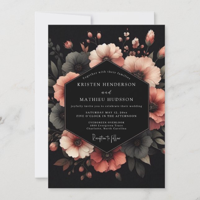 Charcoal Coral Bloom Wedding Einladung (Vorderseite)