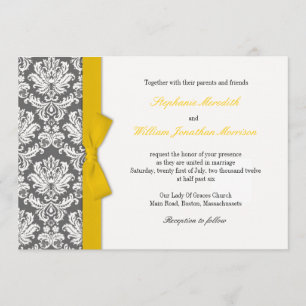 Charcoal Damask Yellow Bow Wedding Einladung