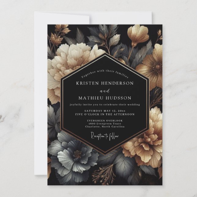 Charcoal Gold Chiaroscuro Wedding Einladung (Vorderseite)