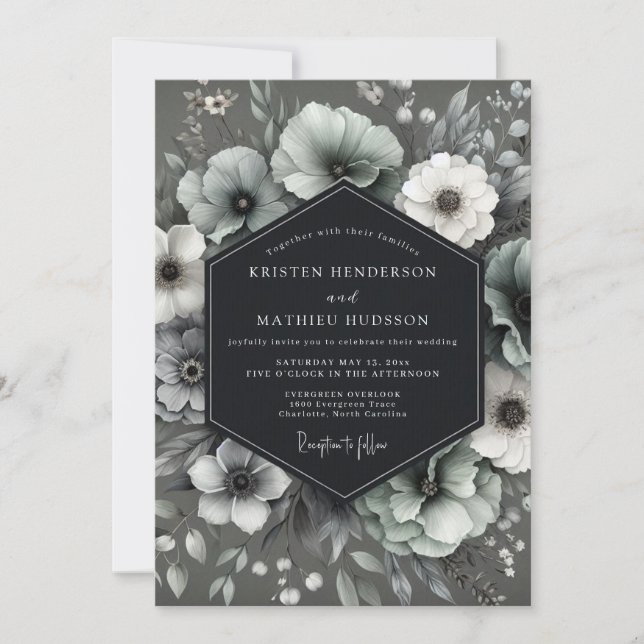 Charcoal Gothic Anemone Wedding Einladung (Vorderseite)